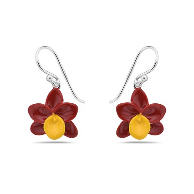 Sterling Silver EARRING ORCHID RED AND YLELLOW ENAMEL DANGLE