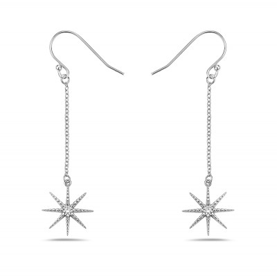 Sterling Silver EARRING STARBURST SWAROVSKI CZ LONG DROP WITH F