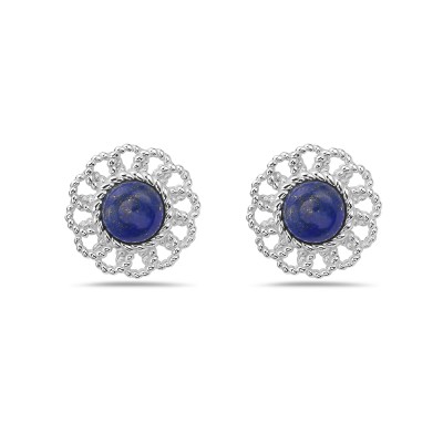 Sterling Silver EARRING GENUINE LAPIS BOTTON FLOWER E COAT