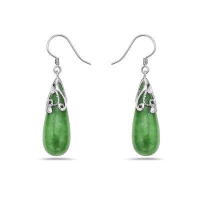 Sterling Silver EARRING DYED GREEN JADE DROP EGGPLANT SHAPE