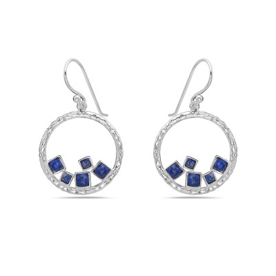 Sterling Silver EARRING OPEN CIRCLE WITH 5 GENUINE LAPIS SQUAR