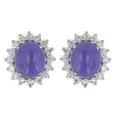 Sterling Silver Earring Oval P. Jade with Clear Cubic Zirconia