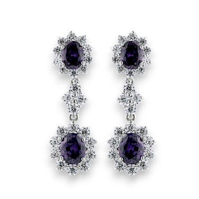 Brass Earring Dangle 2 Big Amethyst Cubic Zirconia