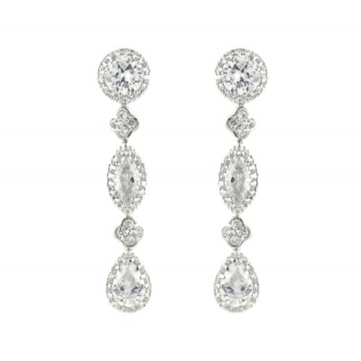 Brass Earring 8.5mm Round Clear Cubic Zirconia Post with 10.8mm Marquis