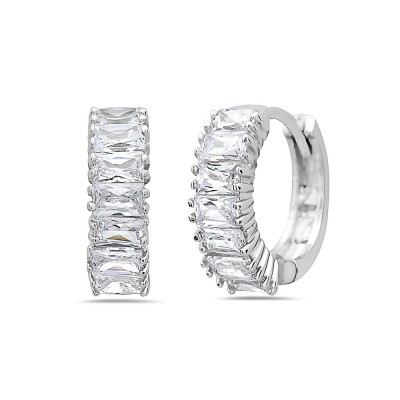 Brass Earring Huggie with Clear Cubic Zirconia Rhodium Plating Plated