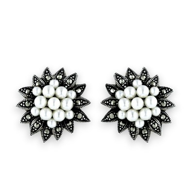 Marcasite Earring Marcasite Flower Multiple Pearl Center