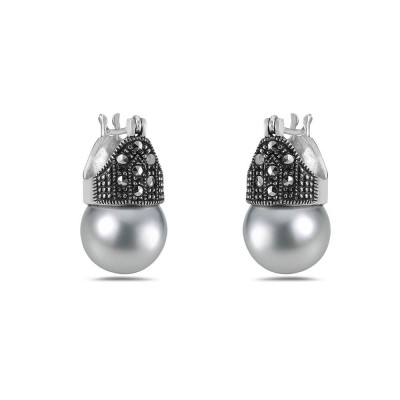 Marcasite Earrings 11Mm Faux Gray Pearl With Marcasite Latch Back