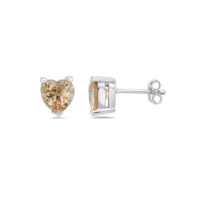 Sterling Silver Earring Champagne Cubic Zirconia 7mm Heart Stud
