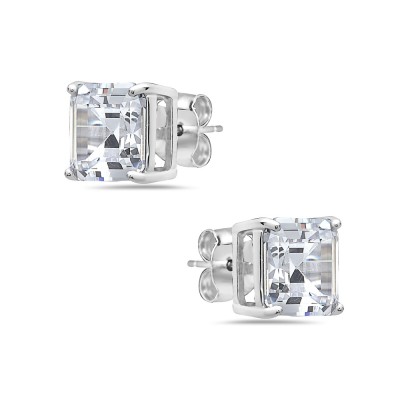 Sterling Silver EARRING 9MM CLEAR CZ SQUARE EMERALD CUT STUD