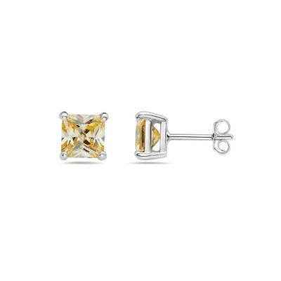 Sterling Silver Earring 5Mmx5Mm Square Canary Yellw Cubic Zirconia Stud
