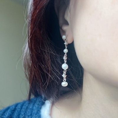 Sterling Silver Earring Linear 4 Faux Pearl with Round Cubic Zirconia