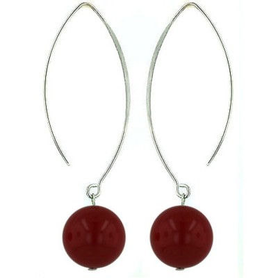 Sterling Silver EARRING LONG ALMOND HOOK W/ 14MM RED CORAL BALL