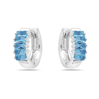Sterling Silver EARRING HUGGIE AQUA BLUE GLASS BAGUETTE HUGGIES