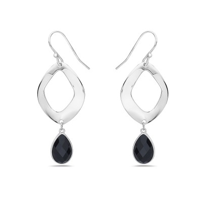 Sterling Silver EARRING DIMAOND LINE TOP TEARDROP ONYX DANGLE