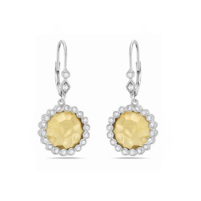 Sterling Silver Earring 14X14mm 2 Tone Gold Round Hammered with Clear Cubic Zirconia
