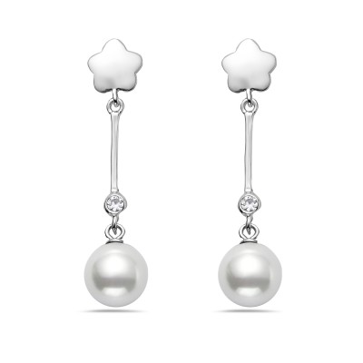 Sterling Silver Earring Flower Top+Clear Cubic Zirconia Bezel Stick+White Faux Pearl