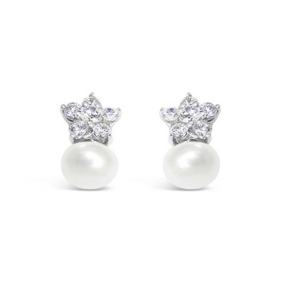 Sterling Silver Earring 6mm White Freshwater Pearl with Clear Cubic Zirconia Flower To