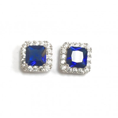 Sterling Silver Earring 11X11Mm Square Sapphire Blue Glass With C