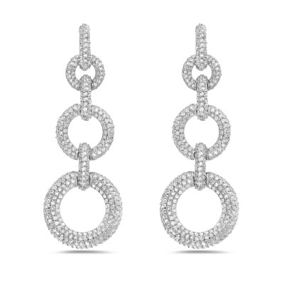 Sterling Silver Earring 3 Open Circles Rhodium Plating Plating with Clear Cubic Zirconia Paved Da