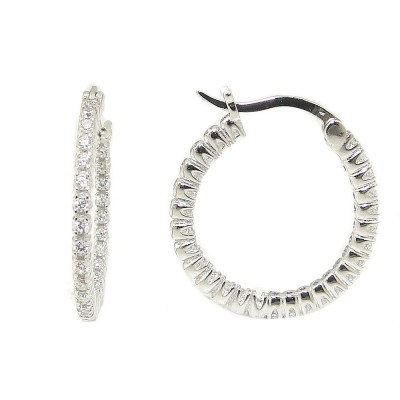 Sterling Silver EARRING 6MM IN & OUT CLEAR CZ HOOP -LATCH