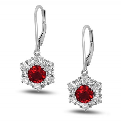 Sterling Silver Earring Flower Baguette Garnet Z Center