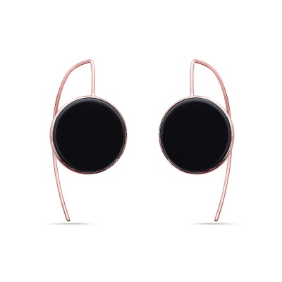 Sterling Silver EARRING ALMOND HOOK DROP OF ROUND ONYX ROSE GOLD