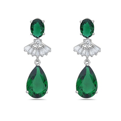 Sterling Silver EARRING DANGLE OVAL TOP, TEAR DROP EMERALD GRE