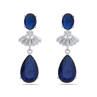 Sterling Silver EARRING DANGLE OVAL TOP, TEAR DROP SAPPHHIRE G