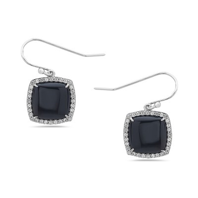 Sterling Silver EARRING ONYX CUSION CABACHON CLEAR CZ AROU