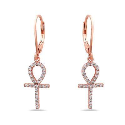 Sterling Silver EARRING ANKH LINE DANGLE LEVERBACK BACK-ROSE GO