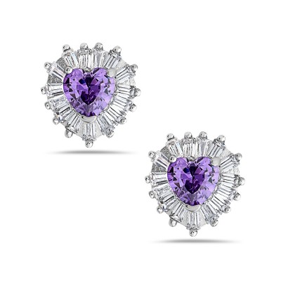 Amethyst Heart Baguette Border Stud Earrings