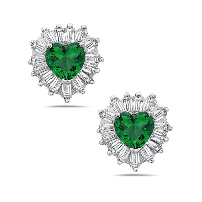 Emerald Heart Baguette Border Stud Earrings