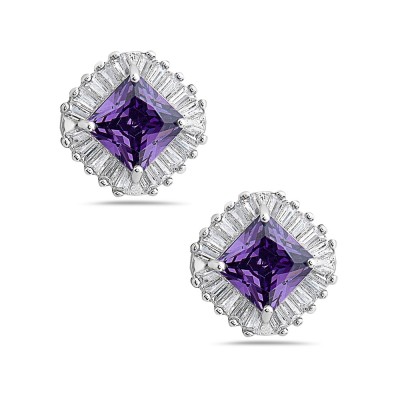 Sterling Silver EARRING BUTTON SQUARE AMETHYST CZ CLEAR CZ BAGU