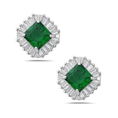 Sterling Silver EARRING BUTTON SQUARE EMERALD GLASS CLEAR CZ BA
