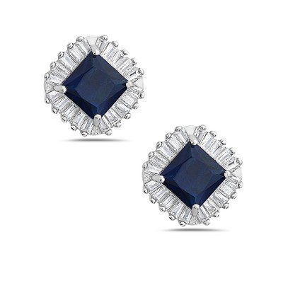 Sterling Silver EARRING BUTTON SQUARE SAPPHIRE GLASS CLEAR CZ B