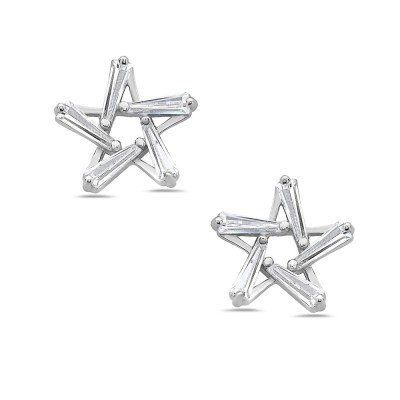 Sterling Silver EARRING STAR SPANGLED STUD TRAPZID BAGUETTE CLEAR C
