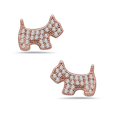 Sterling Silver EARRING STUD SCOTTY DOGGIE PAVE CLEAR CZ-ROSE G