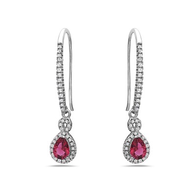 Sterling Silver EARRING LONG CZ HOOK TEAR DROP CLEAR RUBY RED G