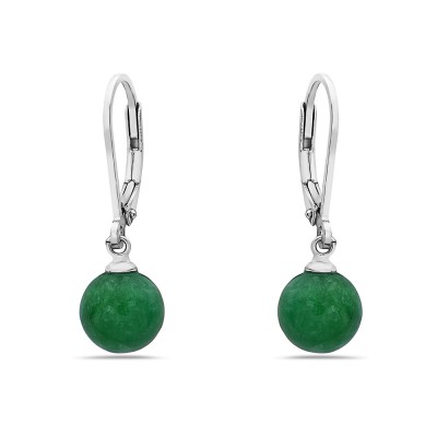 Sterling Silver EARRING DANGLE 8 MM BURMESE GREEN JADE LEVER BA