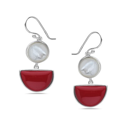 Sterling Silver EARRING DANGLE ROUND MOP AND SEMI-CIRCLE RECONSTITUENT CORAL