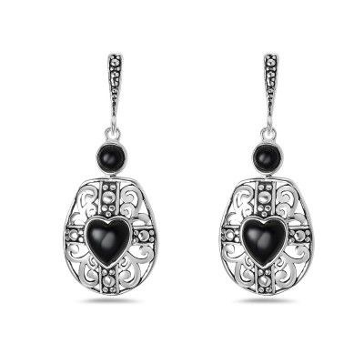 Armored Heart Filigree Dangle Onyx Earrings