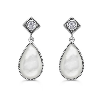 Sterling Silver Square Shaped Top Post Teardrop White Mother of Pearl Stone 2S-7406MCY