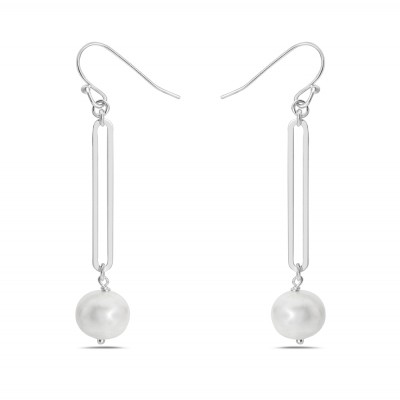 Sterling Silver Contemporary long linear with Freshwater Pearl Drop Earring 2S-7472