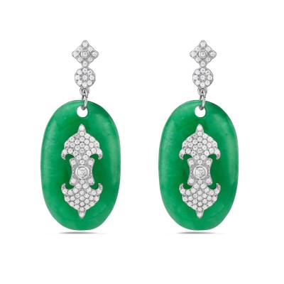 Sterling Silver Oval Green Jadelite Artisan CZ Pave Dangle Earring 2S-7474J