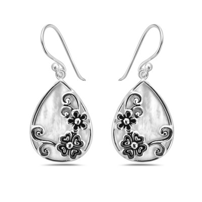 STERLING SILVER TEARDROP MOTHER OF PEARL POETIC EARRING WITH FLOWERS MOTIF 2S-7494M