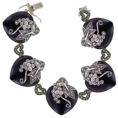 Marcasite Bracelet 8 In. 5 25X25mm Onyx Heart with Pave Marcasite Flower