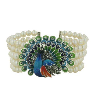 Marcasite Bracelet 5 Line Fresh Water Pearl Mutli Color Enamel Peacock
