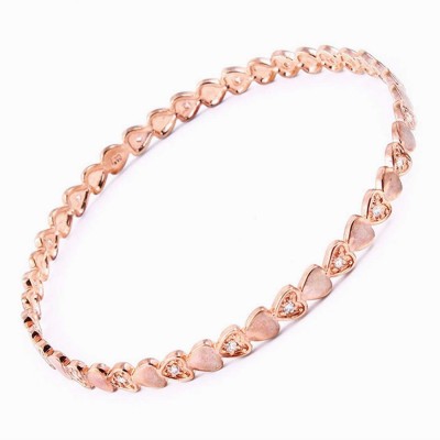 Sterling Silver Bangle 65mm Rosegold Tone with Clear Cubic Zirconia Hearts--Rs/N