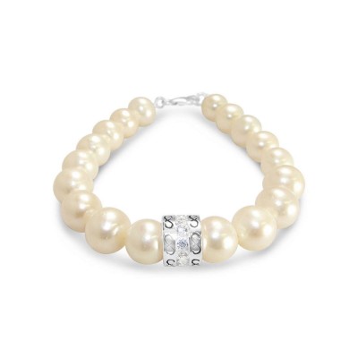 Sterling Silver 18*10Mm Fresh Water Pearls Bracelet+ Clear Cubic Zirconia