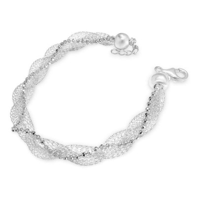 Sterling Silver Bracelet 7'' Rhodium Plating Net Tube & Ball Chain Twist with Lob